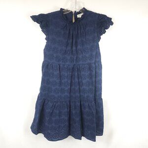 Crown & Ivy Eyelet Lace Tiered Navy Blue Embroidered Mini Dress Womens Sz Medium
